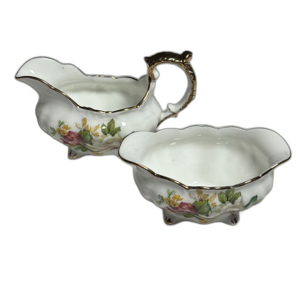 Vintage Floral Creamer & Open Sugar Bowl Set by HAMMERSLEY & CO Bone China